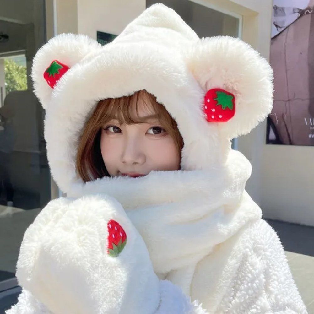 Strawberry Bear Plush Handwarmer Scarf Hat Combo | Women Fleece Winter Headwrap